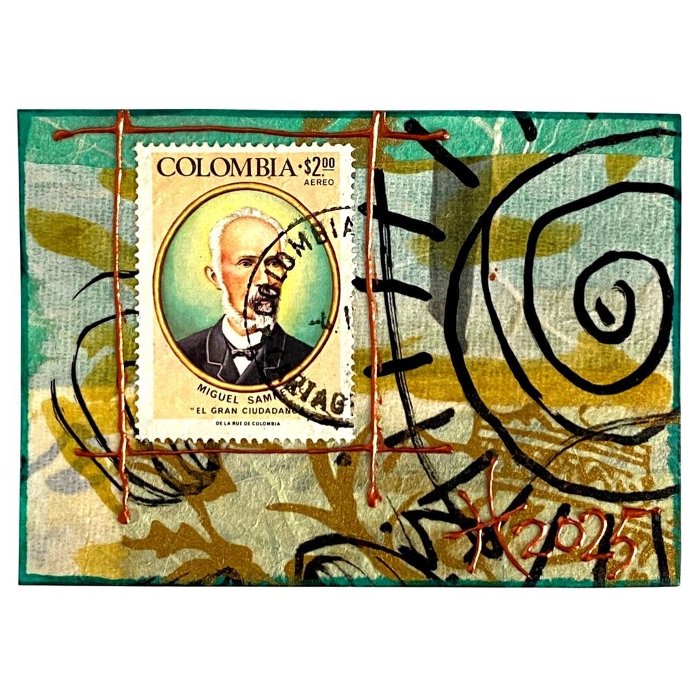ACEO Original Art Acrylic Collage 1976 Colombia Miguel Samper Postage Stamp ATC